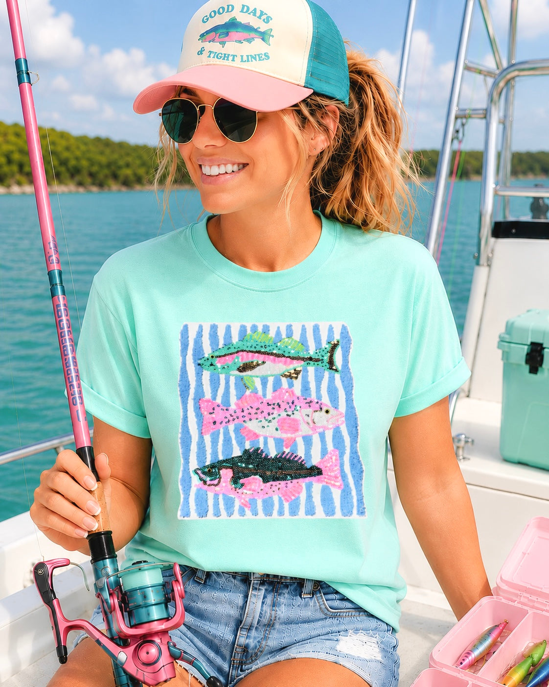 Pink & Teal Fish Trio Summer Sequin Patch Tshirt