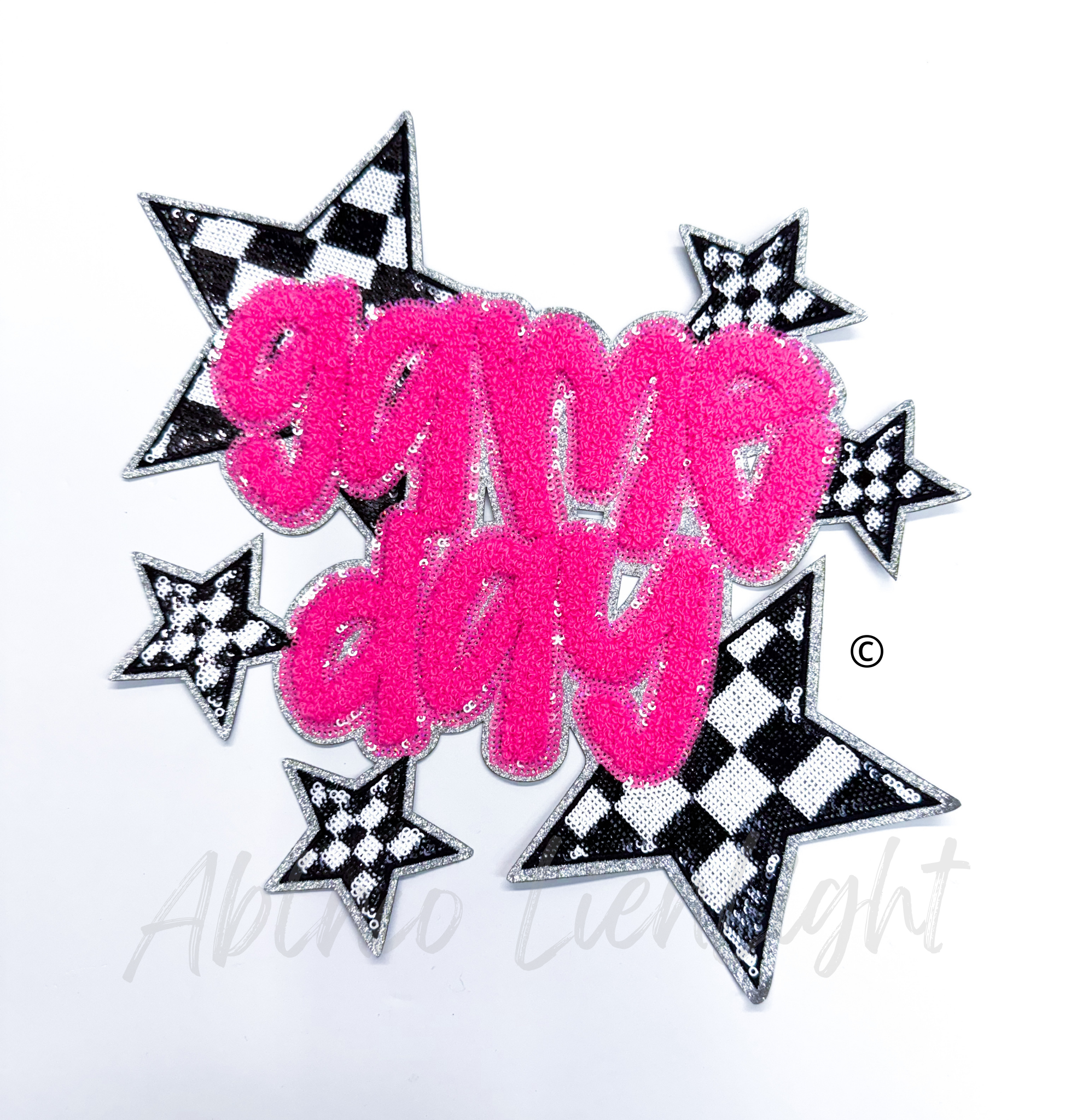 Hot Pink Game Day Checkered Star Chenille Sequin Patch - Large