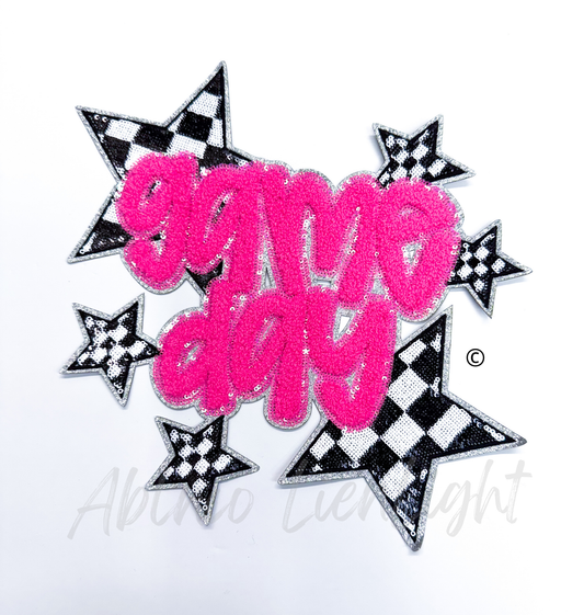 Hot Pink Game Day Checkered Star Sequins Chenille Patch