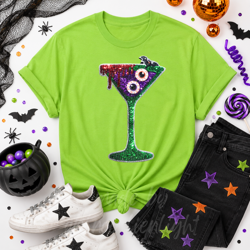 Bloody Eyeballs Martini Halloween Sequin Patch Tshirt