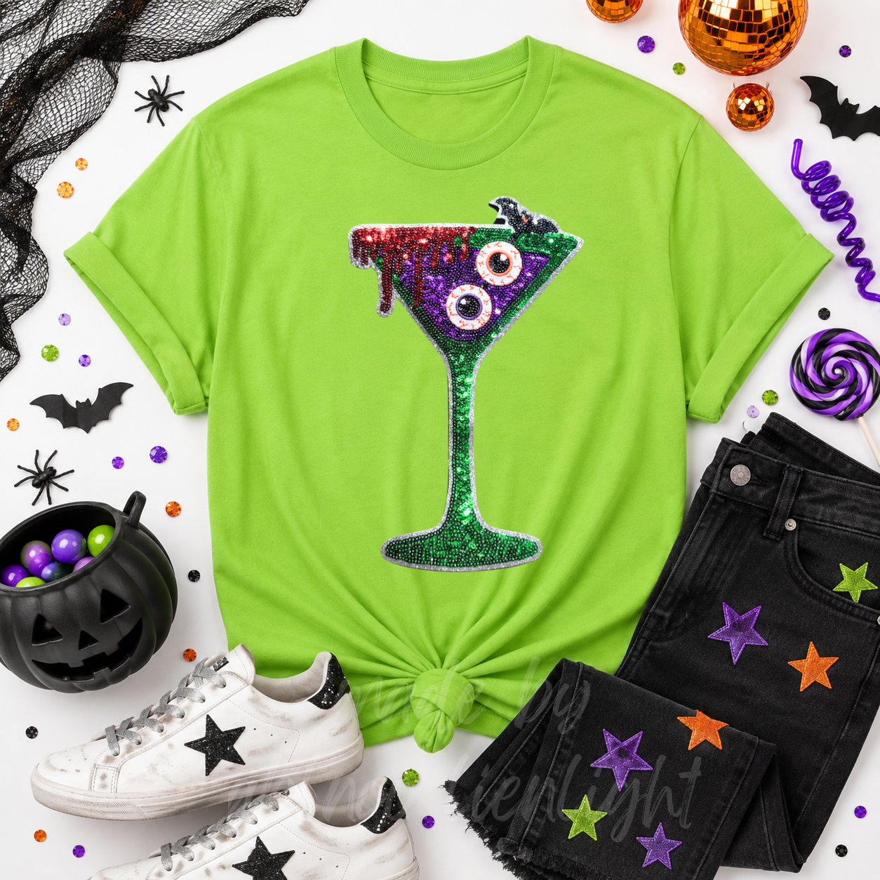 Bloody Eyeballs Martini Halloween Sequin Patch Tshirt