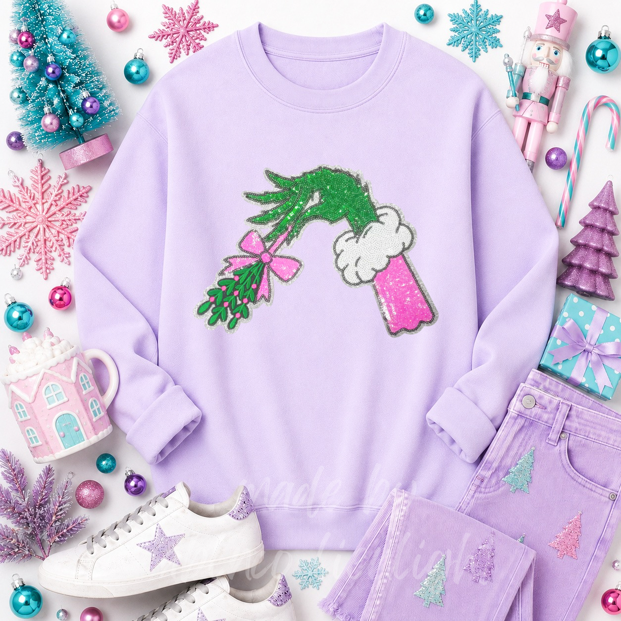 Grinch Hand Mistletoe Christmas Sequin Patch Sweatshirt