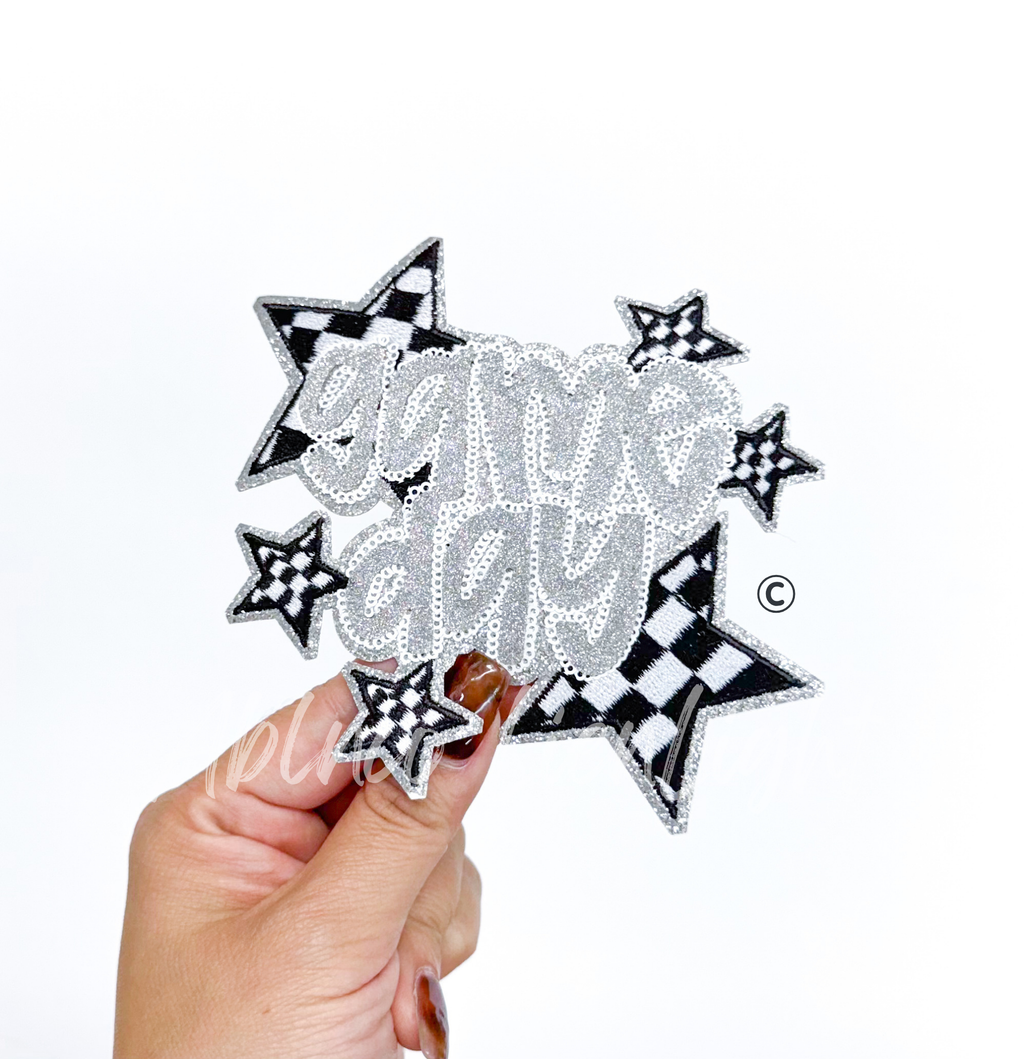 Silver Game Day Checkered Star Sequin Glitter Patch