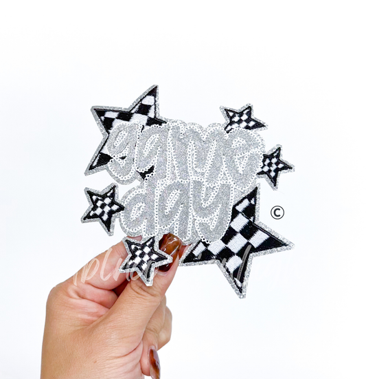 Silver Game Day Checkered Star Sequin Glitter Patch