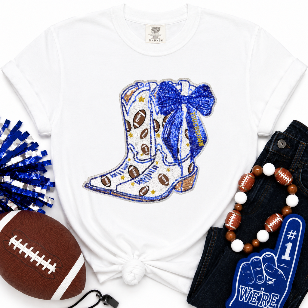 Royal Blue Bow Boot Touchdown Football Sequin Patch Tshirt