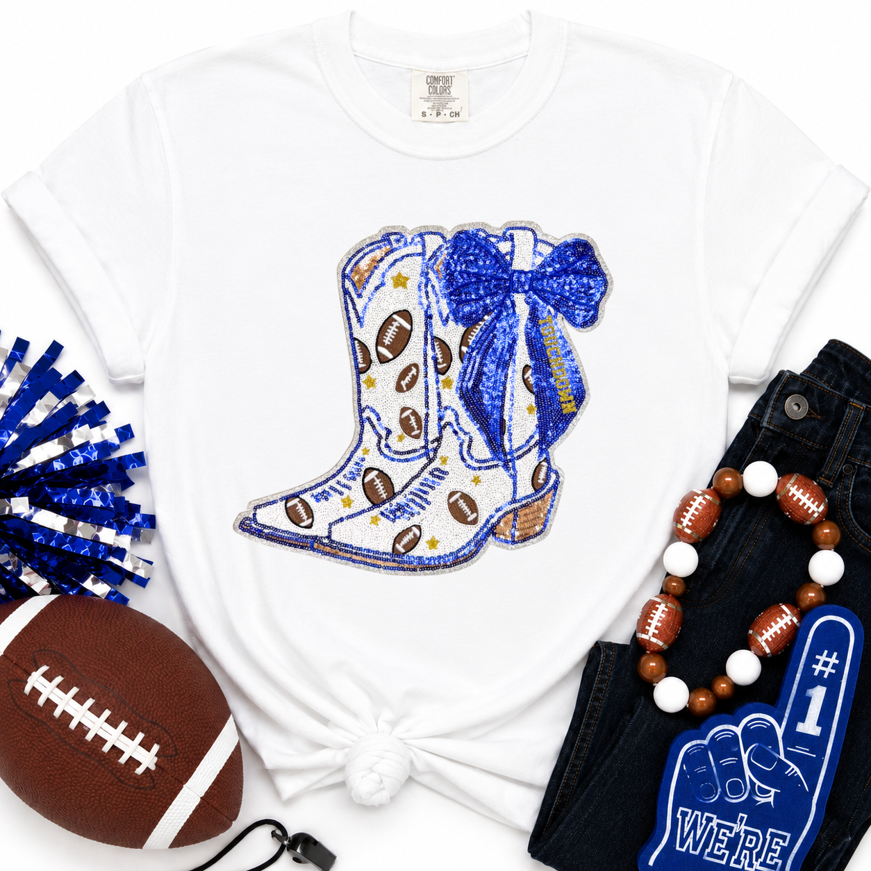 Football Touchdown Royal Blue Bow Boot Sequin Tshirt