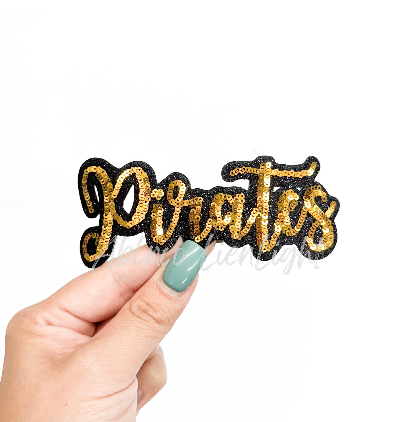Gold Pirates Mascot Script Letter Sequin Patch - Small