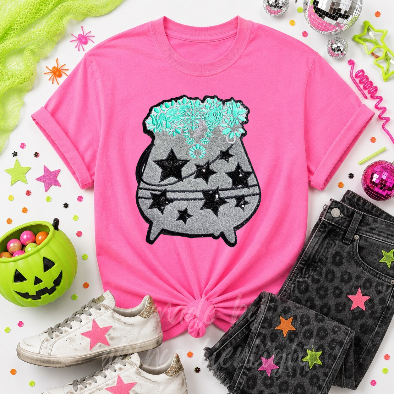 Turquoise Cauldron Halloween Sequin Patch Tshirt