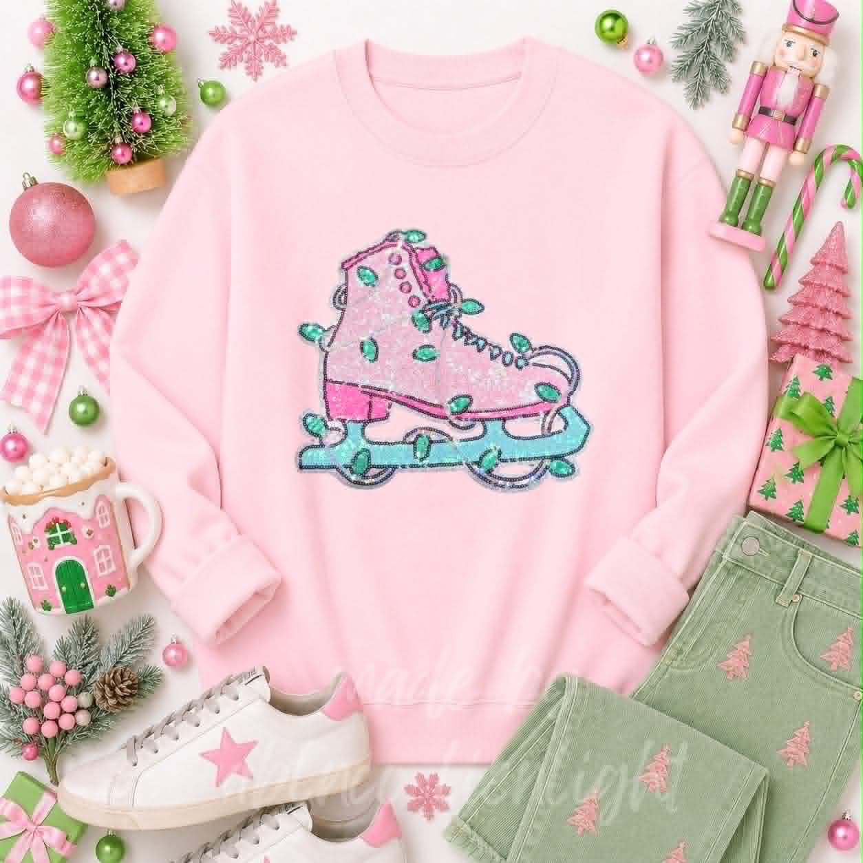 Pink Ice Skate Christmas Sequin Patch Sweatshirt