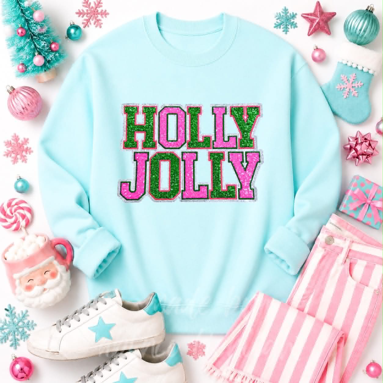 Pink & Green Holly Jolly Christmas Sequin Patch Sweatshirt