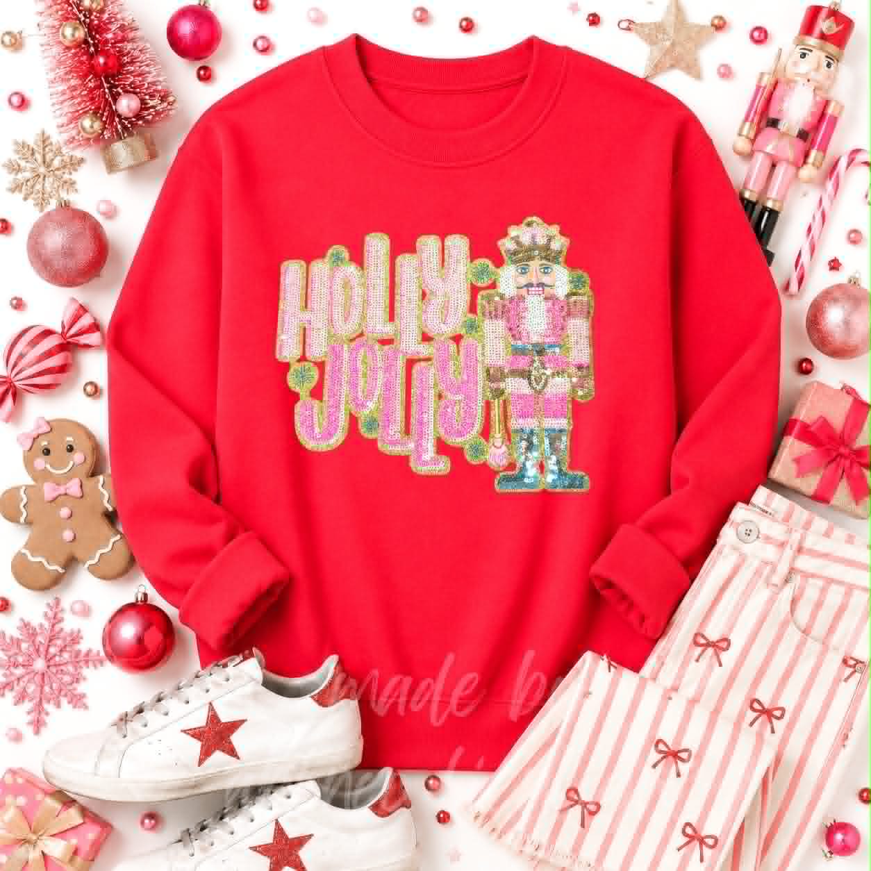 Holly Jolly Nutcracker Christmas Sequin Patch Sweatshirt