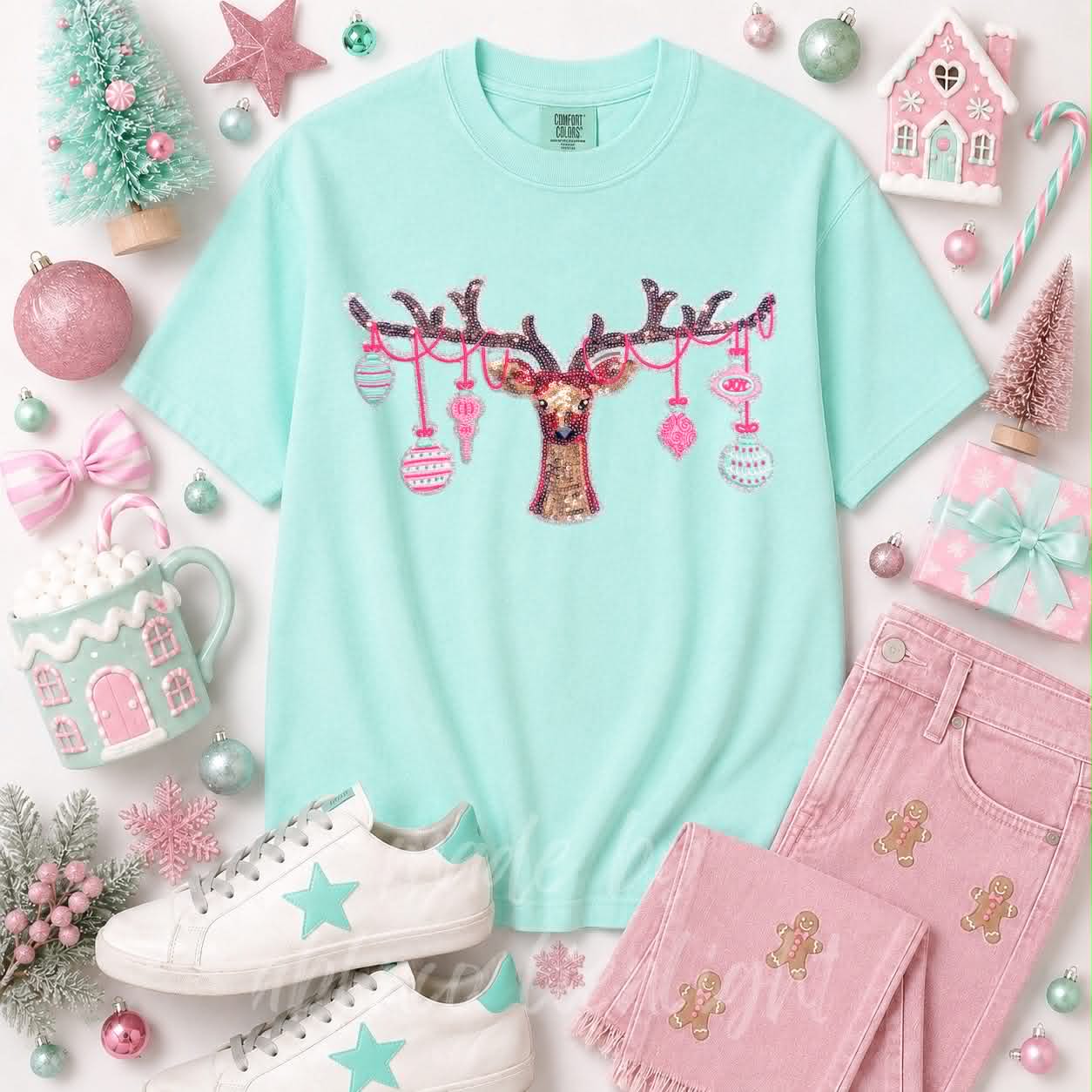 Ornament Reindeer Christmas Sequin Patch Tshirt