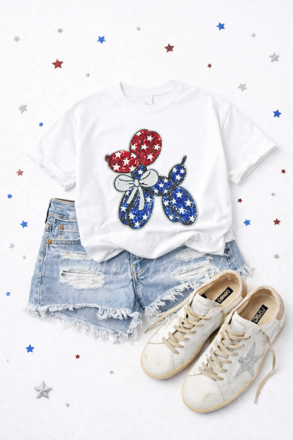 Red White and Blue Balloon Dog 4th of July Sequin Patch Tshirt