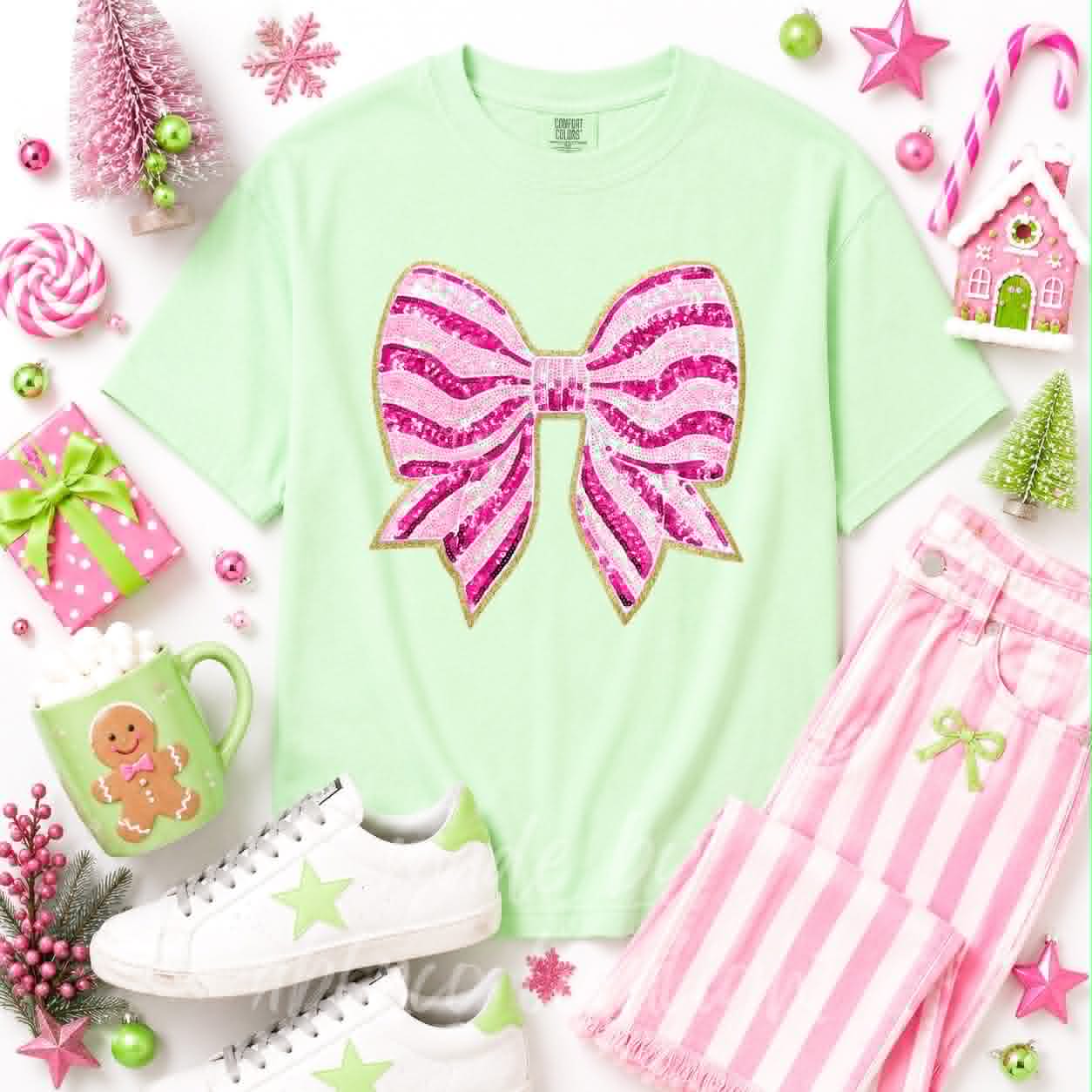 Pink Stripe Bow Christmas Sequin Patch Tshirt
