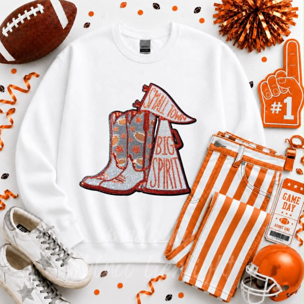 Orange Small Town Big Spirit Football Sequin Patch Sweatshirt