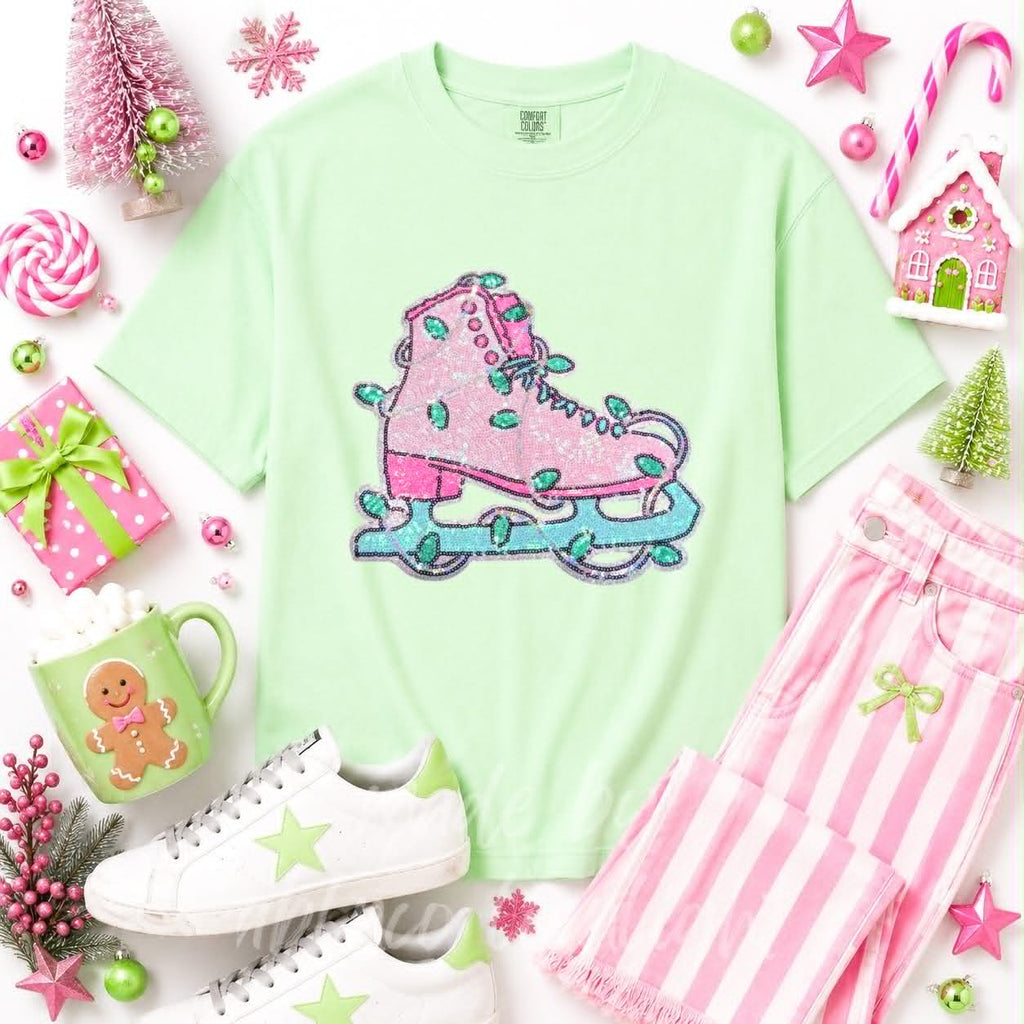 Pink Ice Skate Christmas Sequin Patch Tshirt