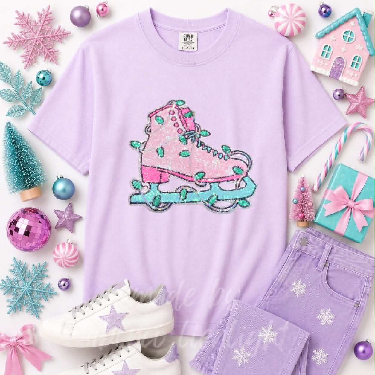 Ice Skate Christmas Sequin Patch Tshirt