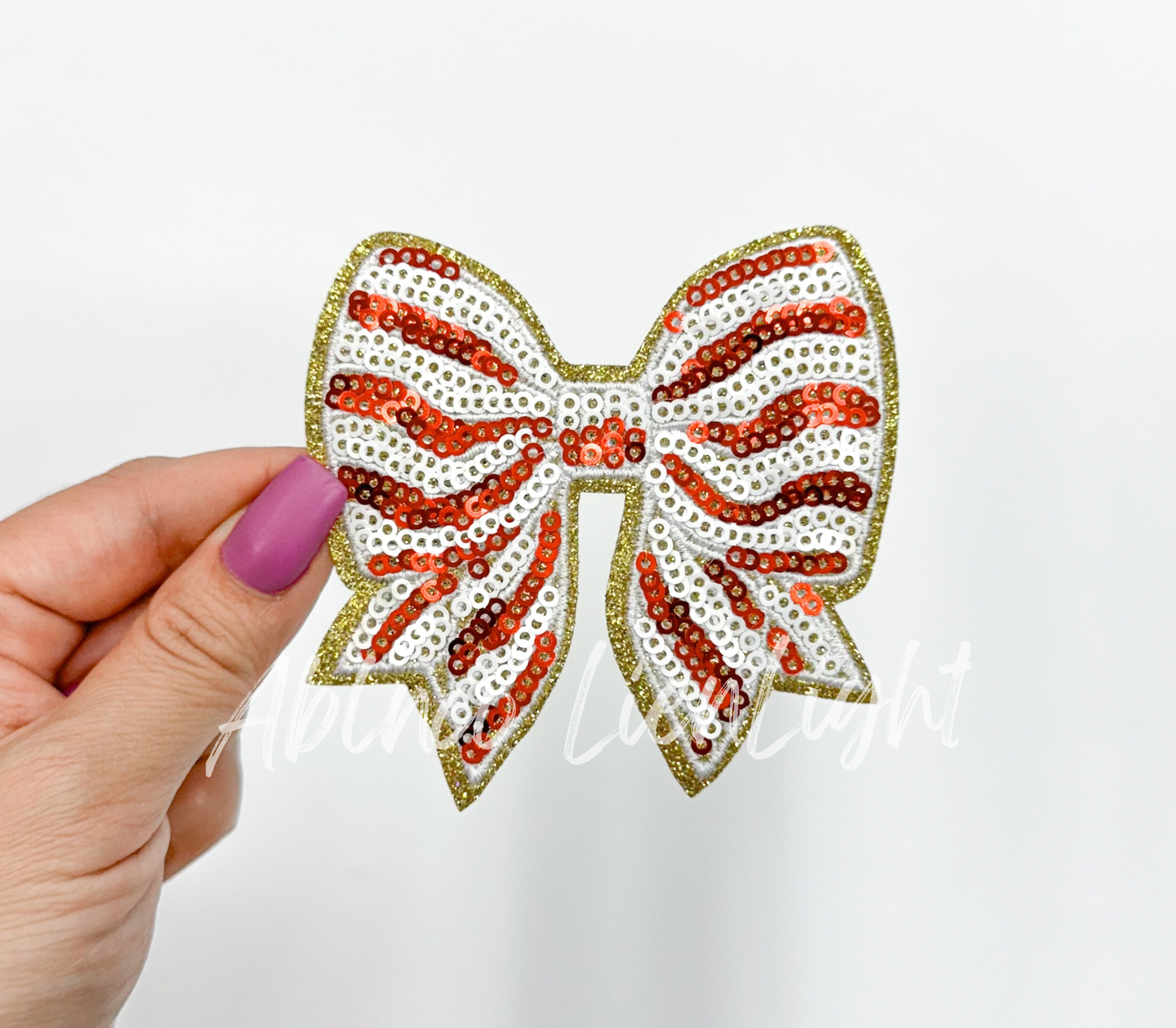Red Stripe Bow Christmas Sequin Patch - Small