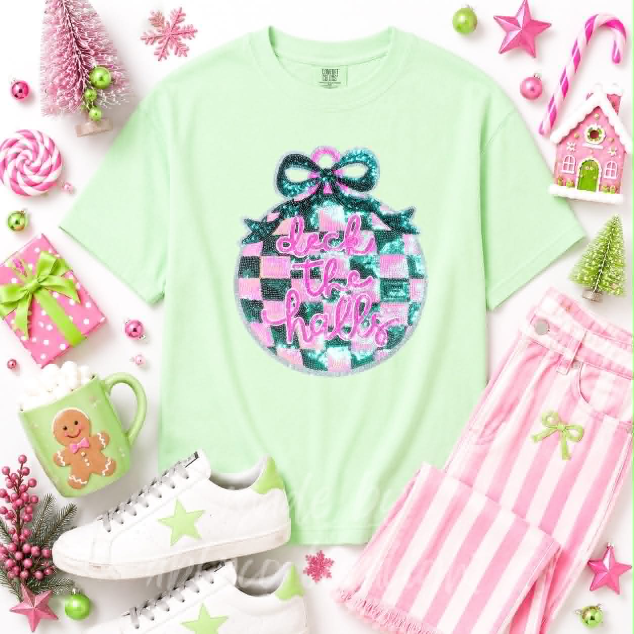 Deck the Halls Ornament Christmas Sequin Patch Tshirt