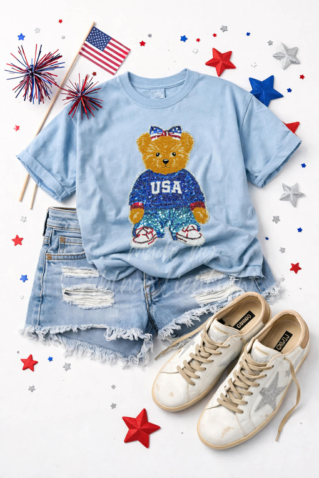 USA 4th of July Bear Sequin Patch Tshirt