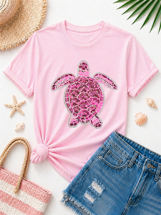 Pink Turtle Summer Sequin Patch Tshirt