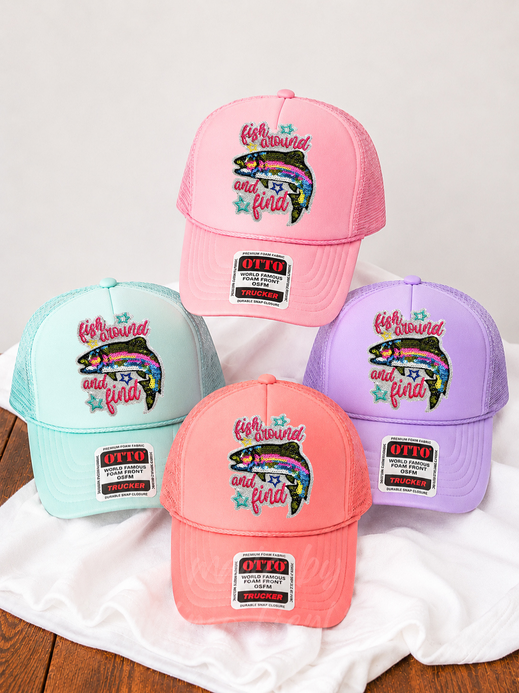 Fish Around And Find Trout Summer Sequin Patch Otto Trucker Hat