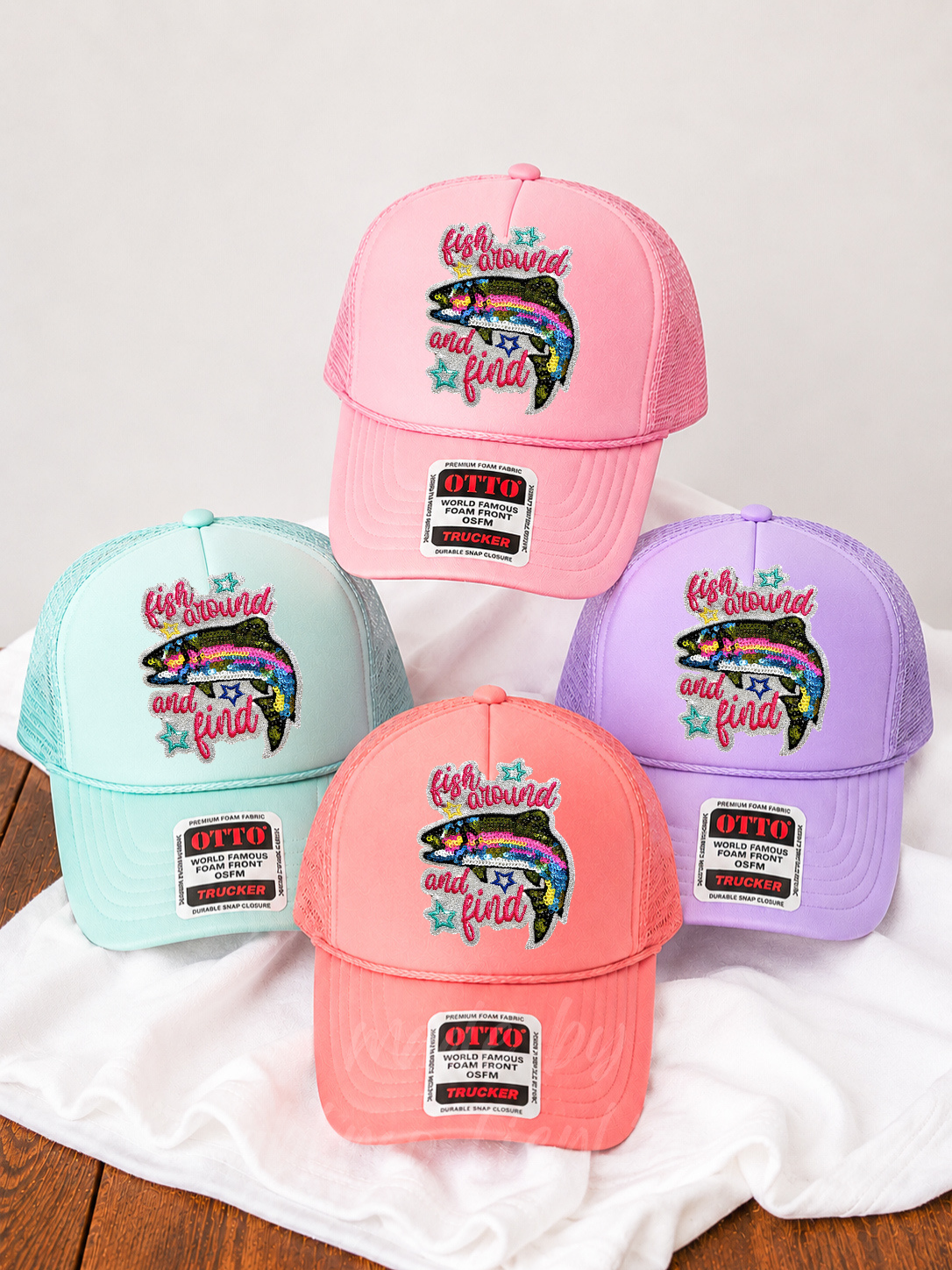 Fish Around And Find Trout Summer Sequin Patch Otto Trucker Hat
