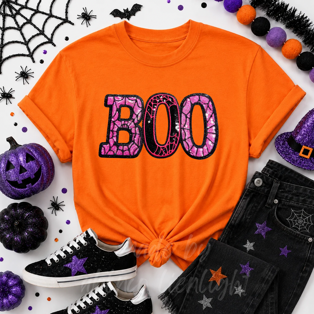 Pink Spider Web Boo Halloween Sequin Patch Tshirt