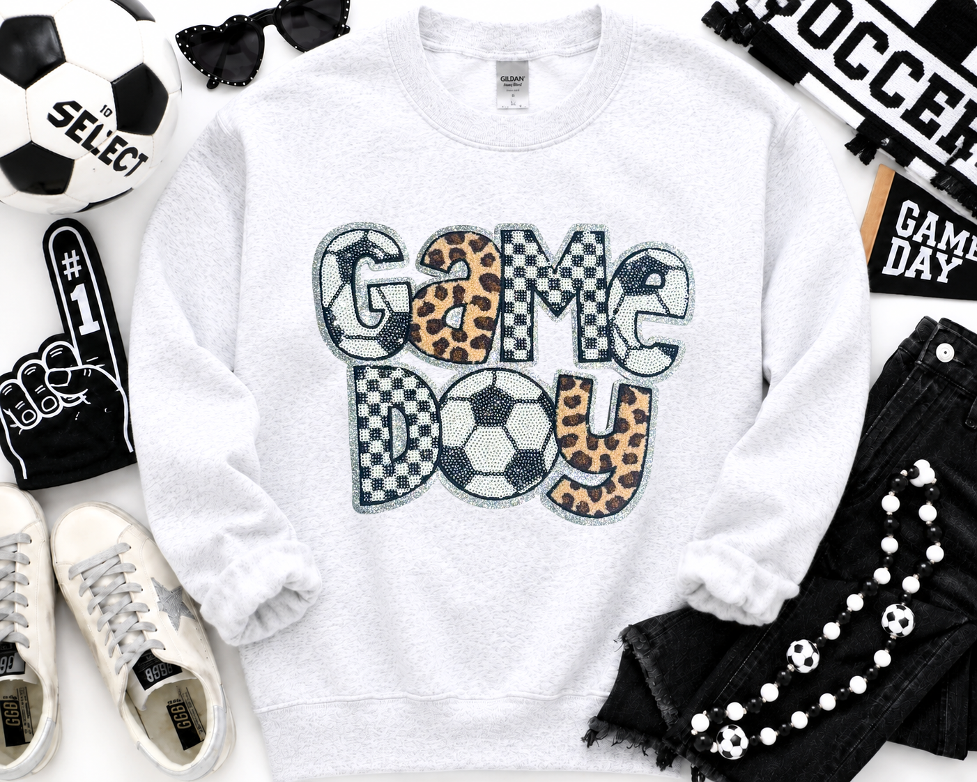 Soccer Game Day Cheetah Checkered Sequin Patch Sweatshirt
