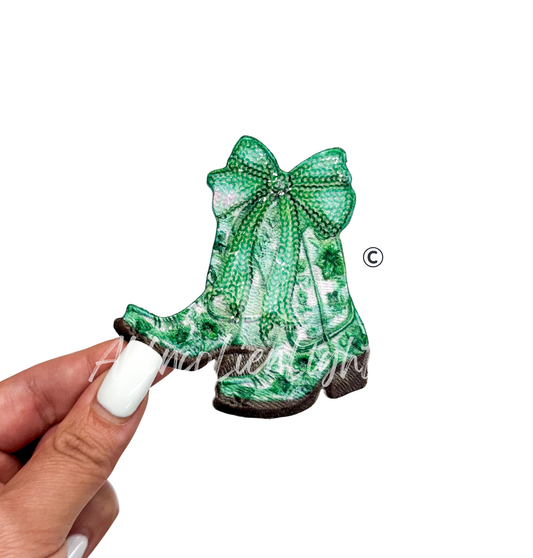 Green Floral Cowboy Bow Boots Sequin Embroidery Patch
