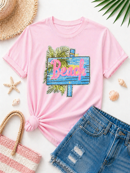 Beach Sign Summer Sequin Patch Tshirt