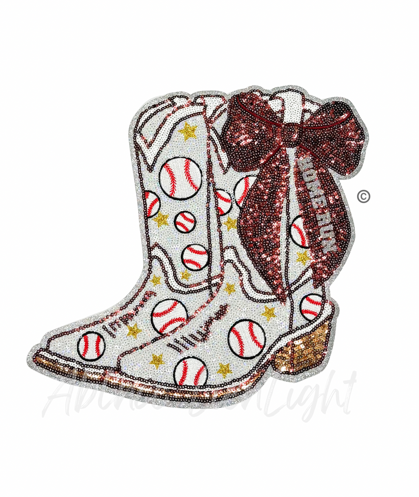 Baseball Homerun Star Maroon Bow Boots Sequin Patch - Large