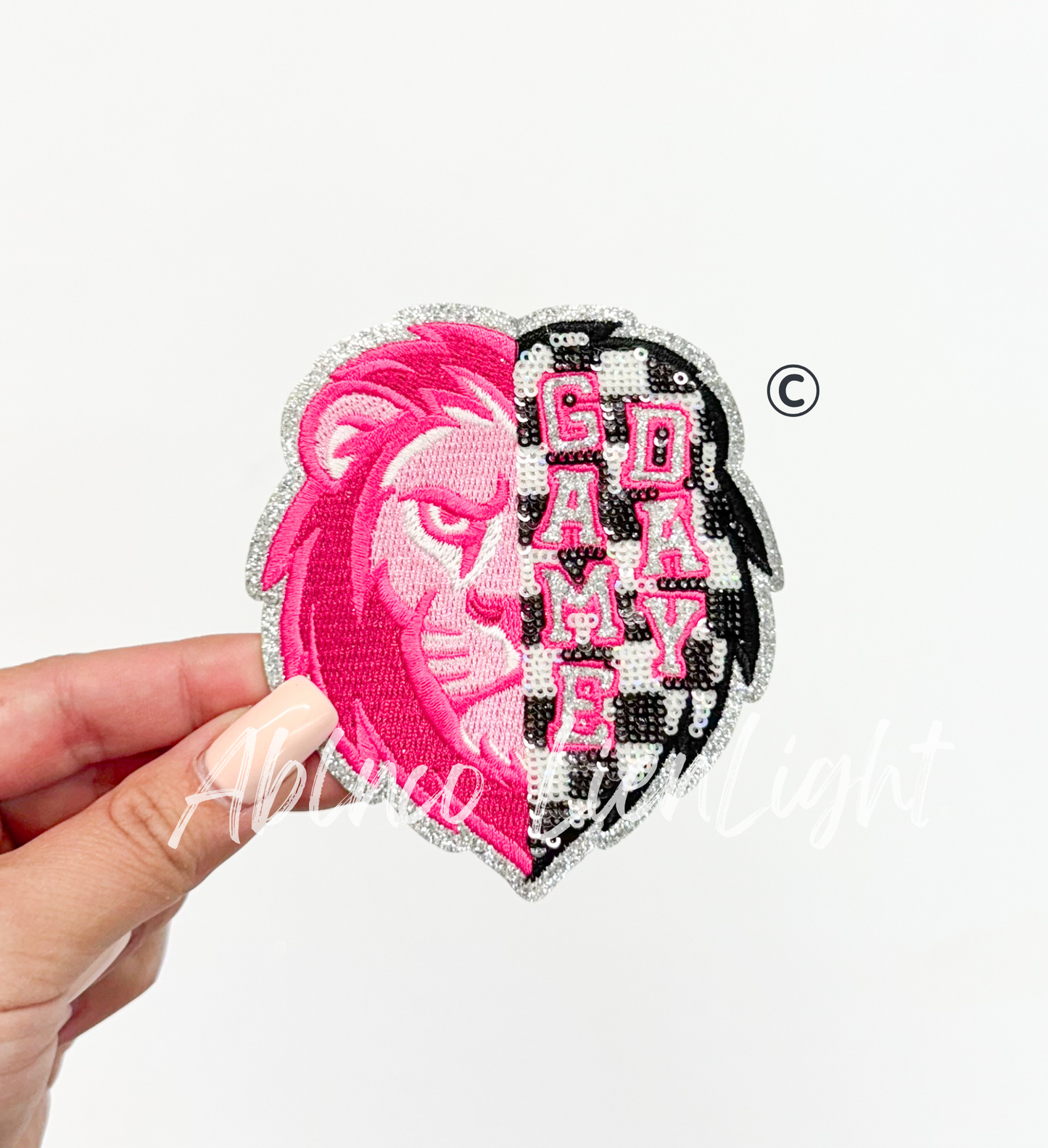 Preppy Pink Checkered Lion Mascot Game Day Sequin Patch - Small