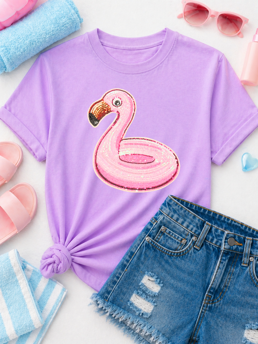 Pink Flamingo Float Summer Sequin Patch Tshirt