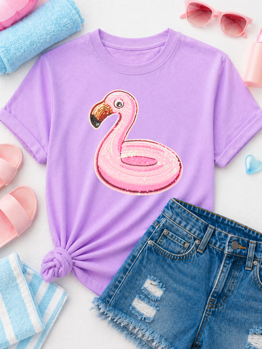 Pink Flamingo Float Summer Sequin Patch Tshirt