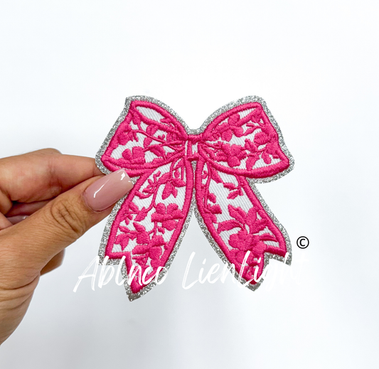 Hot Pink Floral Bow Glitter Embroidery Patch