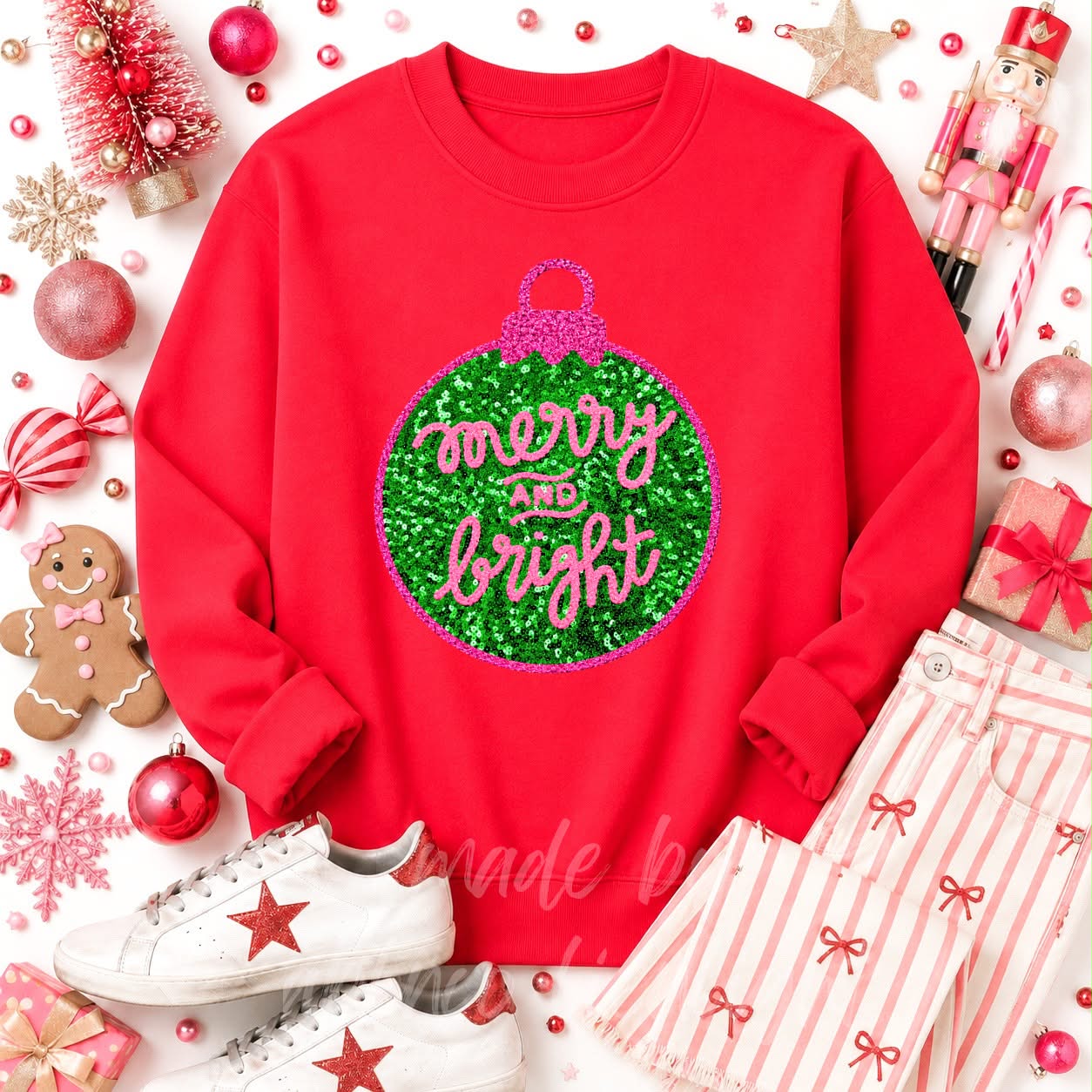 Merry & Bright Ornament Christmas Sequin Patch Sweatshirt