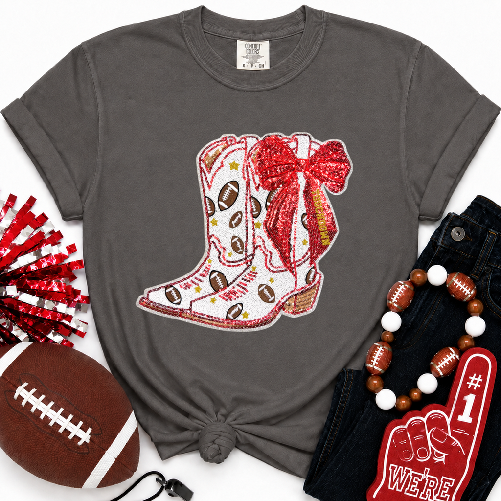 Red Bow Boot Touchdown Football Sequin Patch Tshirt