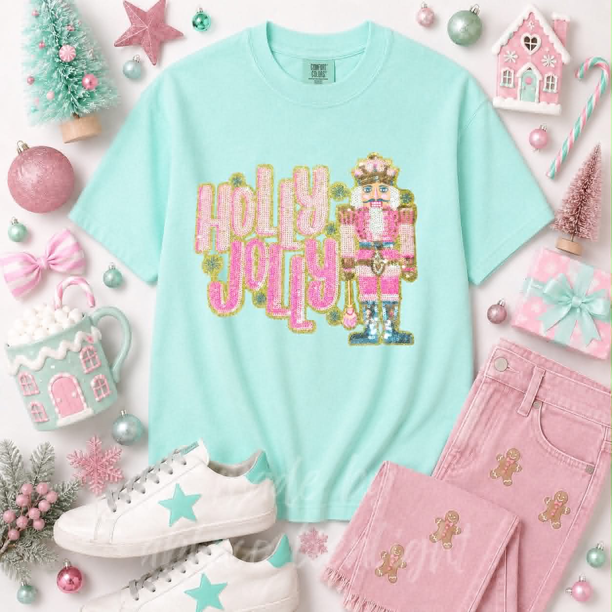Holly Jolly Nutcracker Christmas Sequin Patch Tshirt