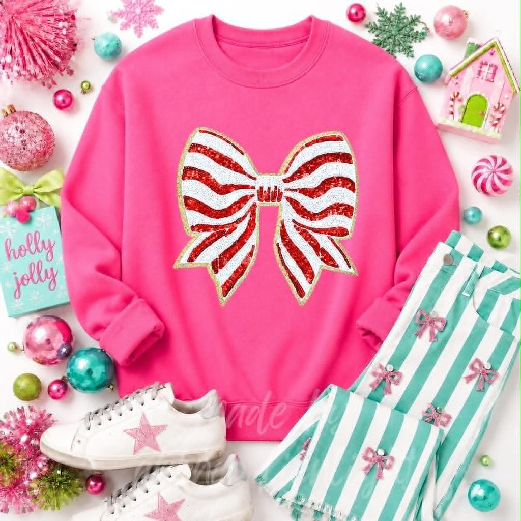 Red Stripe Bow Christmas Sequin Patch Sweatshirt