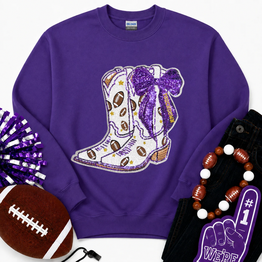 Purple Bow Boot Touchdown Football Sequin Patch Sweatshirt