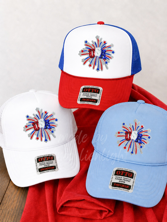Sequin USA Firework 4th July Otto Trucker Hat