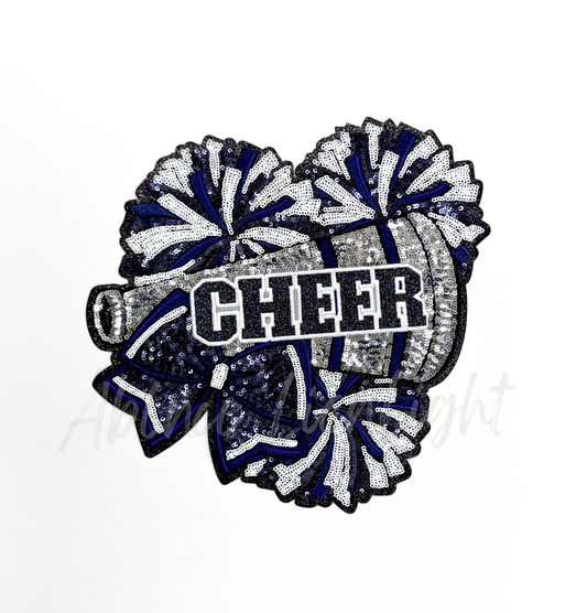 Navy Cheer Bow Megaphone Poms Sequin Patch - Large
