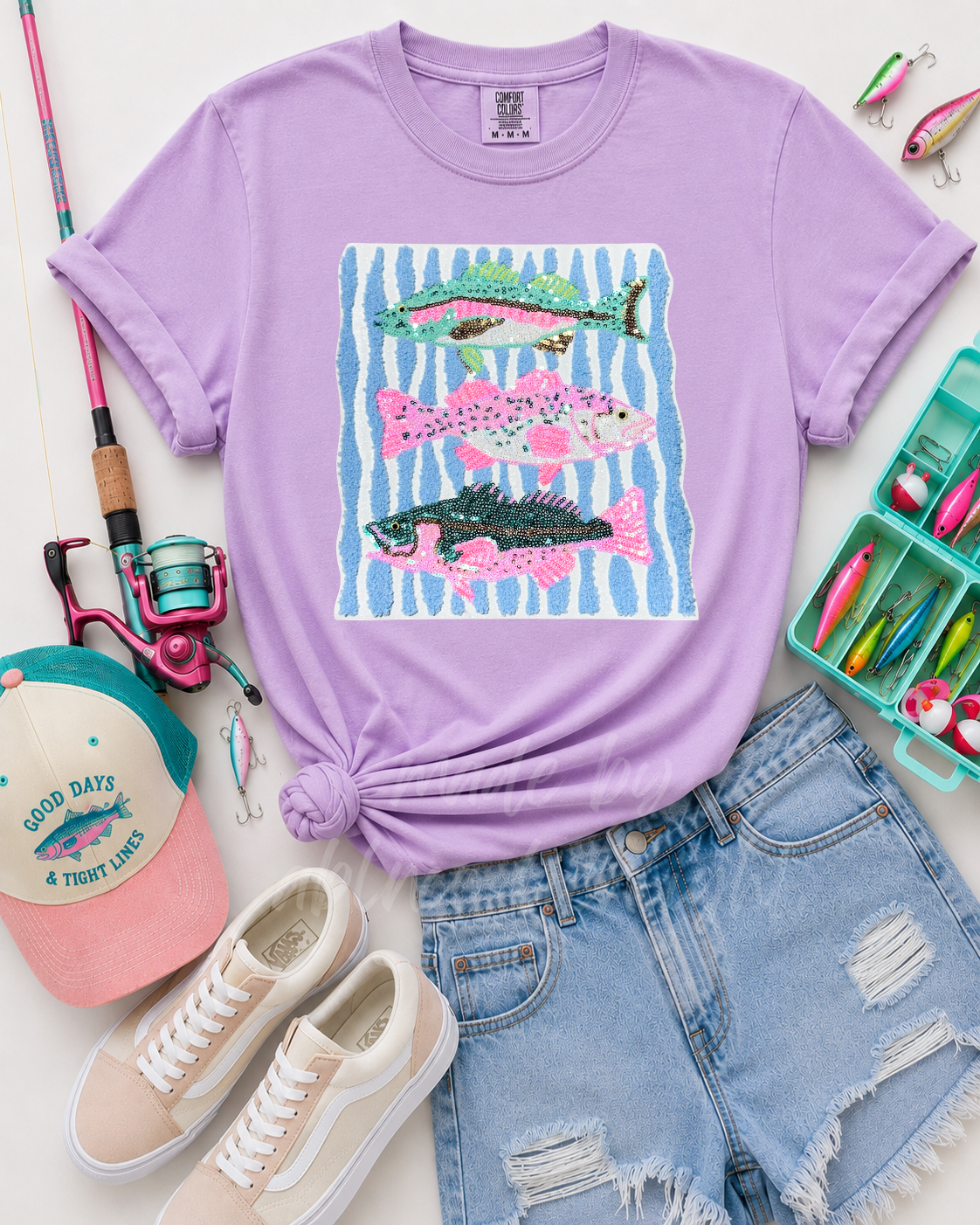 Pink & Teal Fish Trio Summer Sequin Patch Tshirt