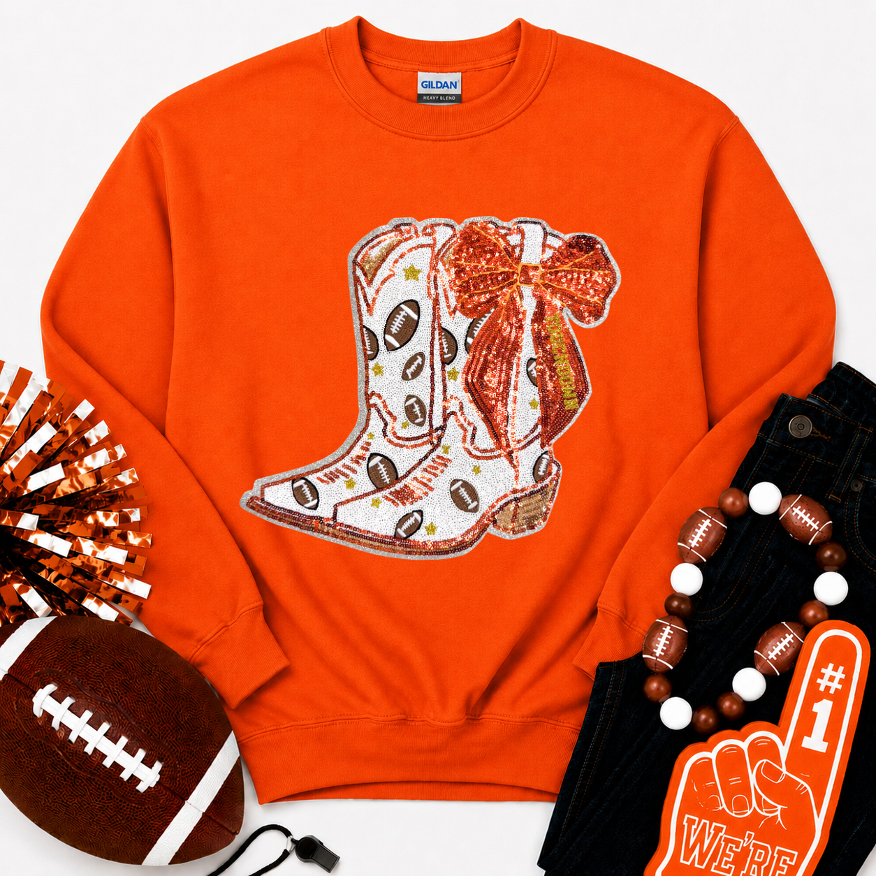 Football Touchdown Orange Bow Boot Sequin Sweatshirt