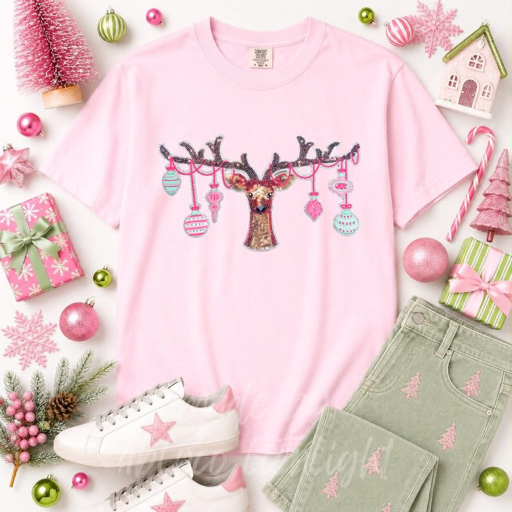 Ornament Reindeer Christmas Sequin Patch Tshirt