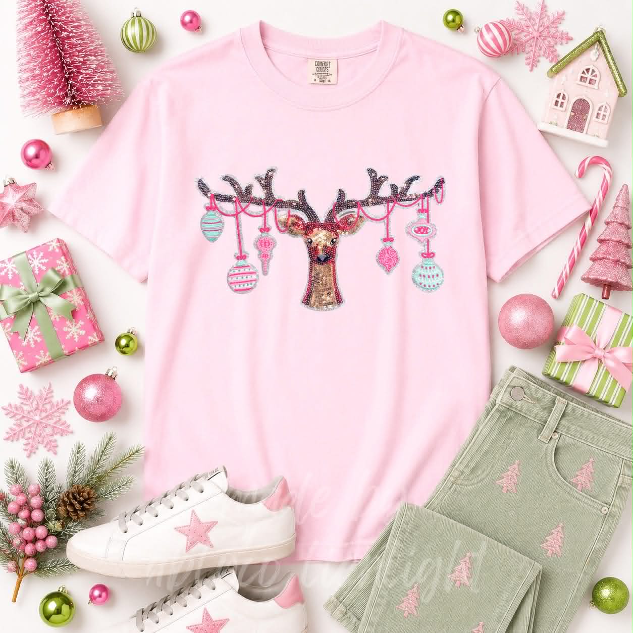 Ornament Reindeer Christmas Sequin Patch Tshirt