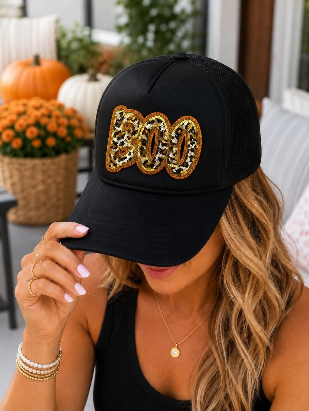 Cheetah Boo Halloween Sequin Patch Otto Trucker Hat