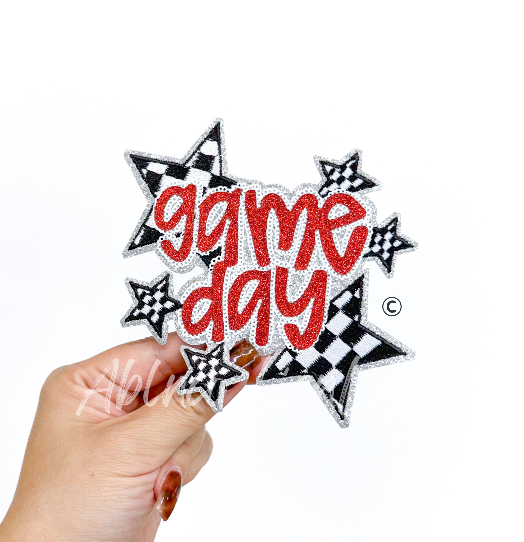 Red Game Day Checkered Star Sequin Glitter Patch