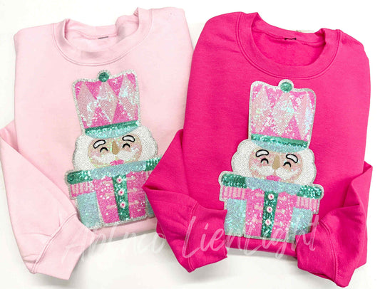 Nutcracker Blue Pink Sequins Christmas Patch Sweatshirt